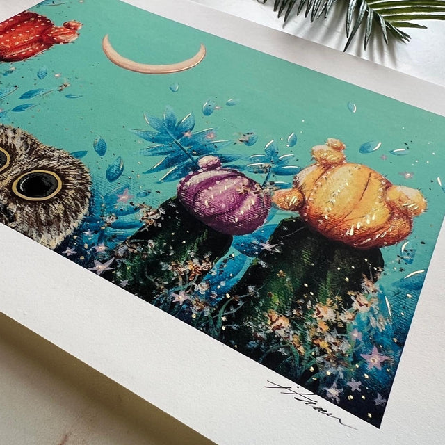 "Saw-Whet and Moon Cacti", print