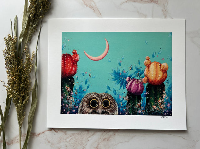 "Saw-Whet and Moon Cacti", print