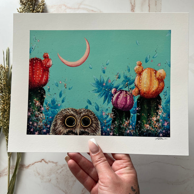 "Saw-Whet and Moon Cacti", print