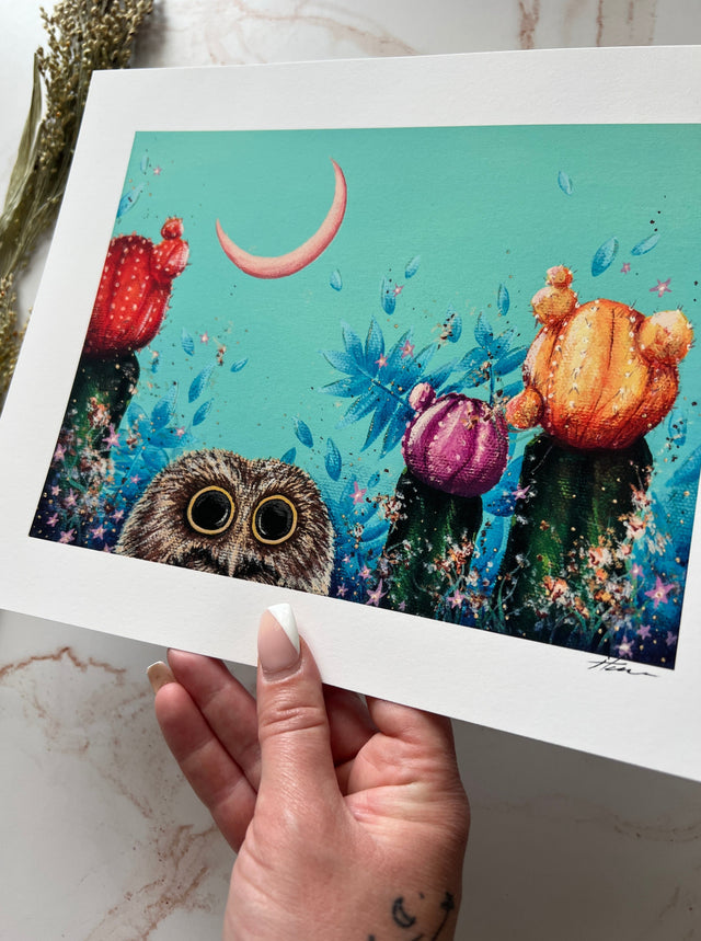 "Saw-Whet and Moon Cacti", print