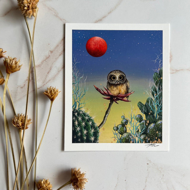 "Saw-Whet and Blood Orange Super Moon", mini print