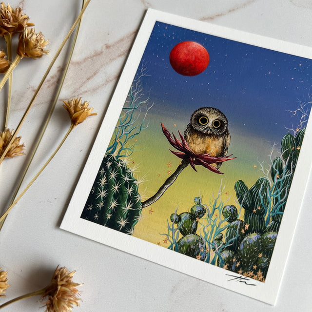 "Saw-Whet and Blood Orange Super Moon", mini print