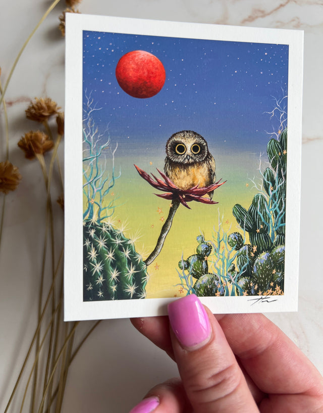 "Saw-Whet and Blood Orange Super Moon", mini print