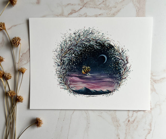 "The Bee in Pink Winter Skies", print