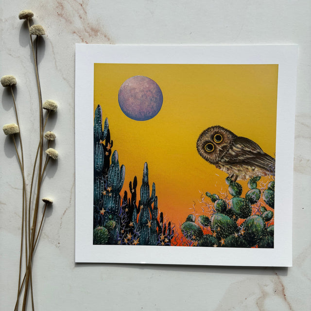 "Saw-Whet and the Desert Moon", 6x6" print