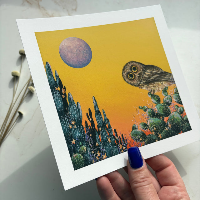 "Saw-Whet and the Desert Moon", 6x6" print