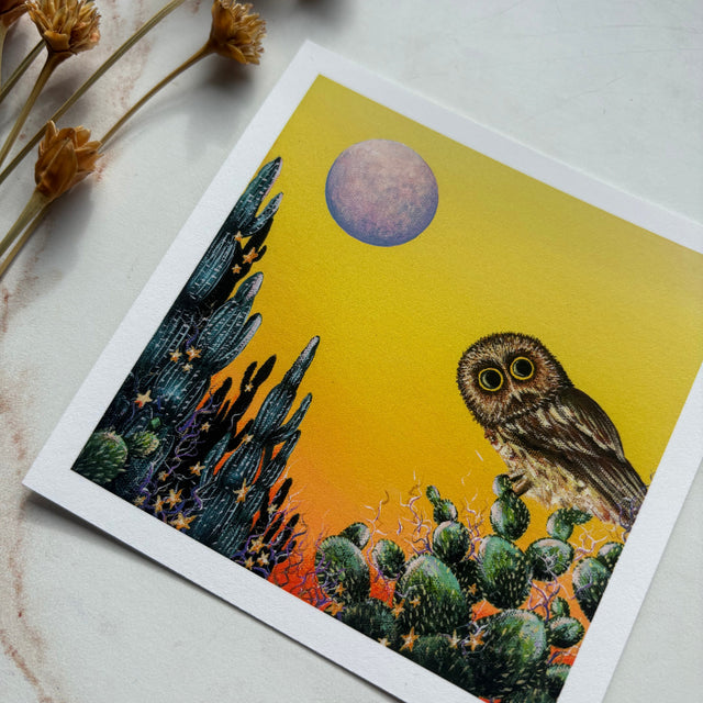 "Saw-Whet and the Desert Moon" mini print