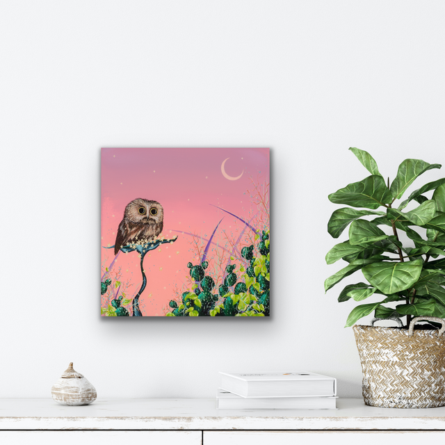 Original art, acrylic painting, "Saw-Whet and the Pink Sky"