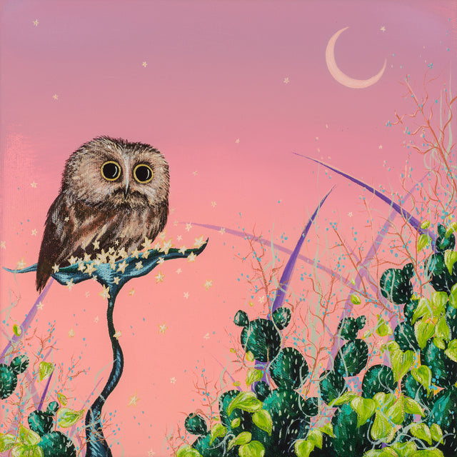 Original art, acrylic painting, "Saw-Whet and the Pink Sky"