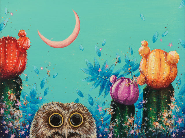 Original art, acrylic painting, "Saw-Whet and Moon Cacti"